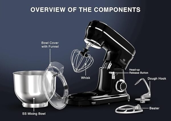 Rossmann Stand Mixer, Professional 1600 Watts 100% Pure Copper Motor, 5.5 Lit removeable SS Bowl, 4 Safety Features, Metal Gears & Planetary Rotation, Teflon Coated Accessories, Black - Image 2
