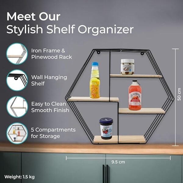 The Better Home Five Compartment Wall Hanging Shelf - Rhombus|Wall Shelves for Living Room|Wall Mounted Shelf|Wall Decor Items for Living Room|Room Decor Aesthetic|Iron & Pinewood-58x10x50cm - Image 2