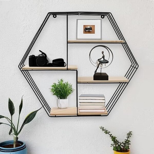 The Better Home Five Compartment Wall Hanging Shelf - Rhombus|Wall Shelves for Living Room|Wall Mounted Shelf|Wall Decor Items for Living Room|Room Decor Aesthetic|Iron & Pinewood-58x10x50cm