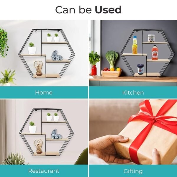 The Better Home Five Compartment Wall Hanging Shelf - Rhombus|Wall Shelves for Living Room|Wall Mounted Shelf|Wall Decor Items for Living Room|Room Decor Aesthetic|Iron & Pinewood-58x10x50cm - Image 5