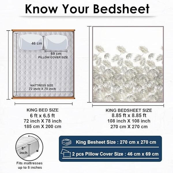 Story@Home Bedsheet for King Size Bed | Cotton Bedsheet | Leafs Bed Sheet Cotton with 2 Pillow Covers (270 x 270cm, White & Green) | Perfect for Home Decor | 240TC - Image 3