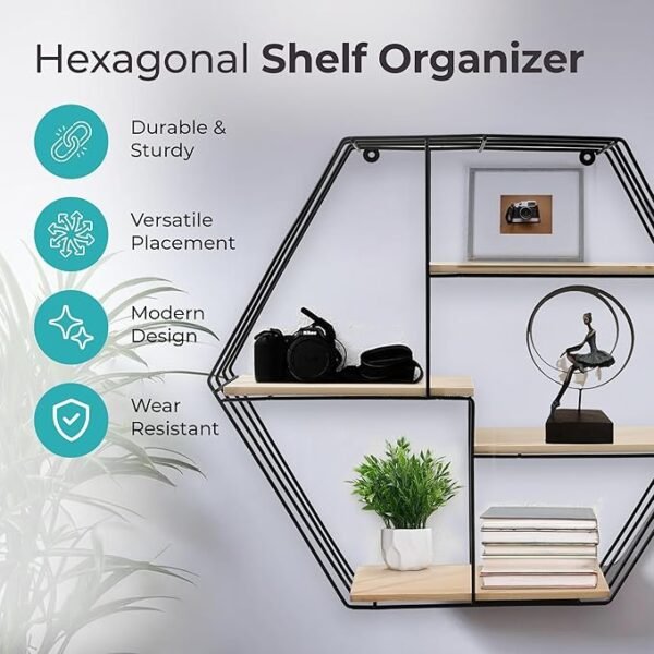 The Better Home Five Compartment Wall Hanging Shelf - Rhombus|Wall Shelves for Living Room|Wall Mounted Shelf|Wall Decor Items for Living Room|Room Decor Aesthetic|Iron & Pinewood-58x10x50cm - Image 4